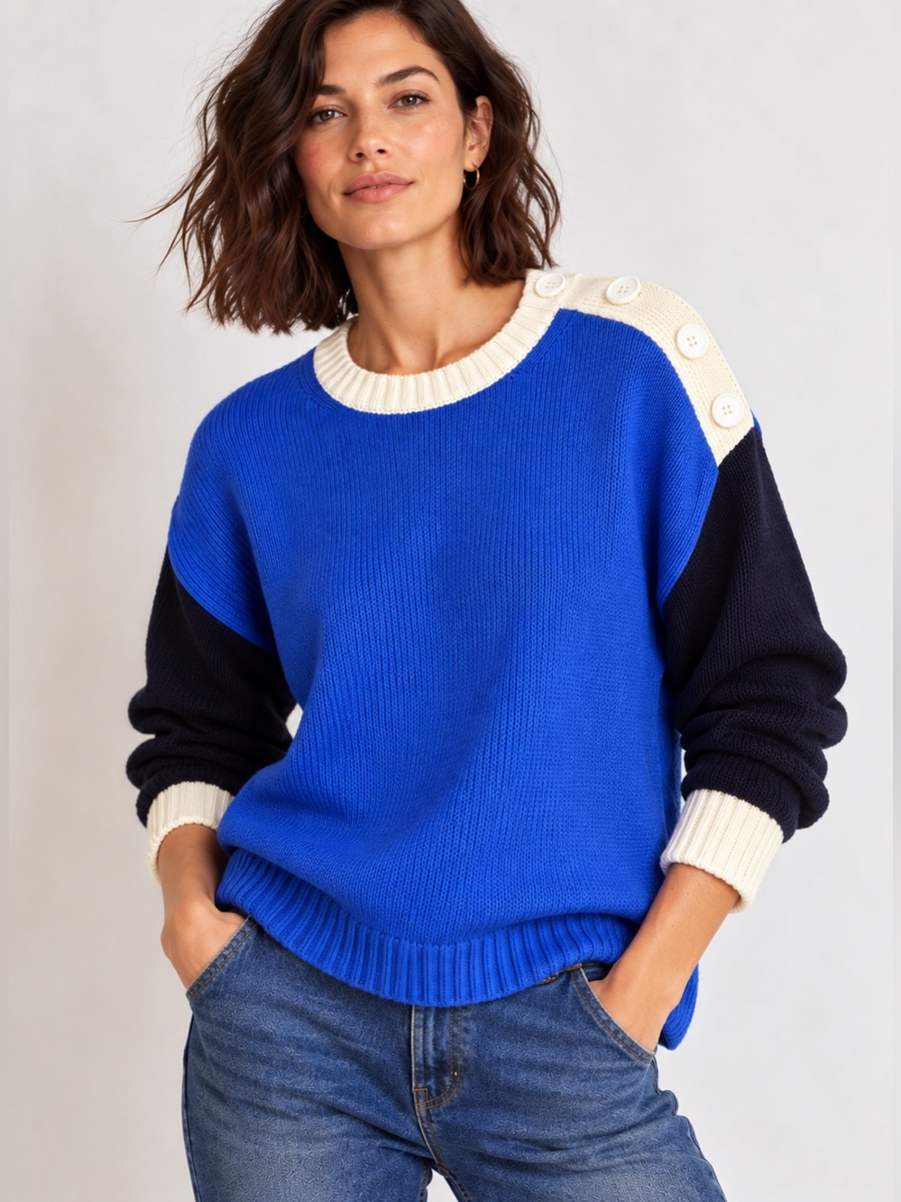 Boden | Jemma Chunky Cotton Jumper Colorblock Sweater | Blue Navy Cream L